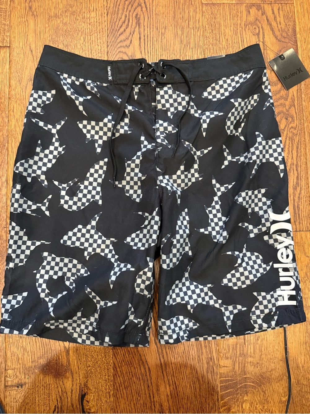 Hurley Boys Black Checkerboard Board Shark Swim Trunks Size 16/28 NWT